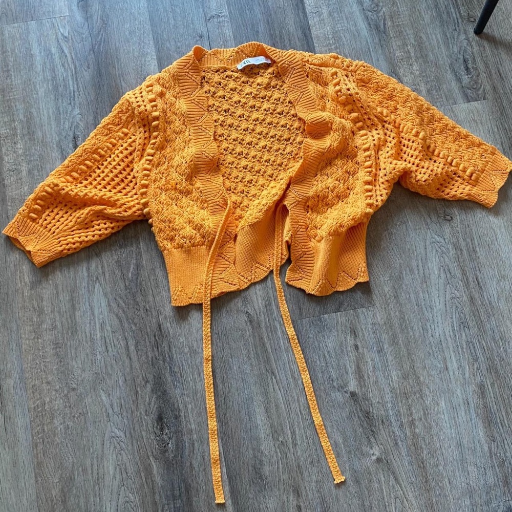 Zara Crocheted Tie Front Open Sweater Top 
Neon Orange 
Size Small